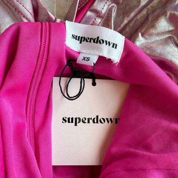Superdown Metallic Pink Bodycon Mini Dress XS Ruched Iridescent Plunging $78 NEW - Picture 8 of 8